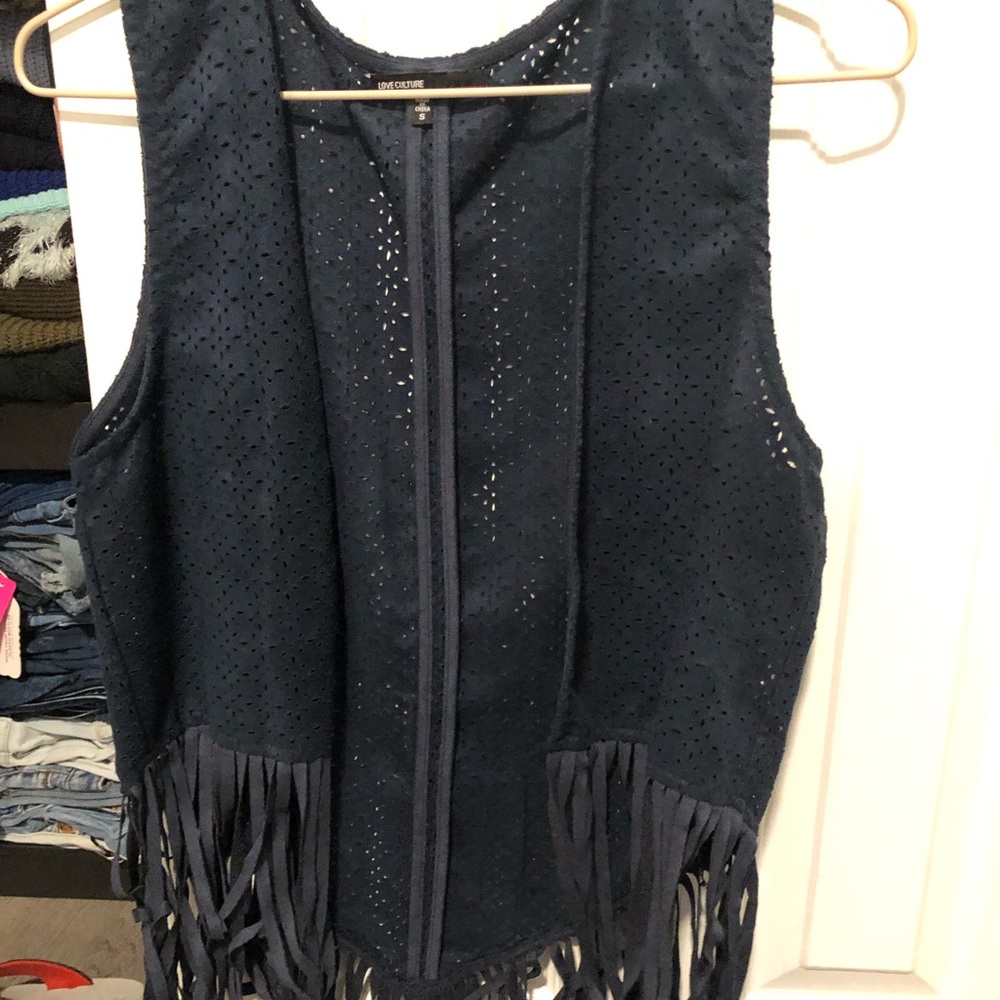 Perforated Navy Blue Fringe Vest